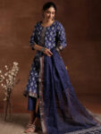 Indigo Printed Cotton Straight Suit With Bottom