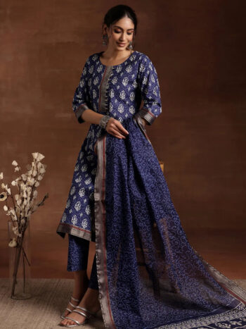 Indigo Printed Cotton Straight Suit With Bottom