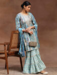 Blue Printed Silk Blend Straight Suit With Bottom