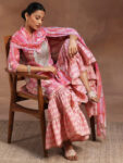 Pink Printed Silk Blend Straight Suit With Bottom