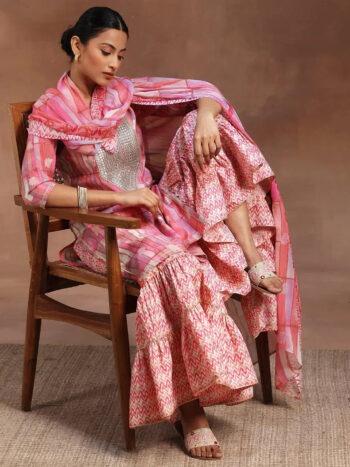 Pink Printed Silk Blend Straight Suit With Bottom