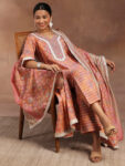 Peach Printed Silk Blend A-Line Kurta With Bottom