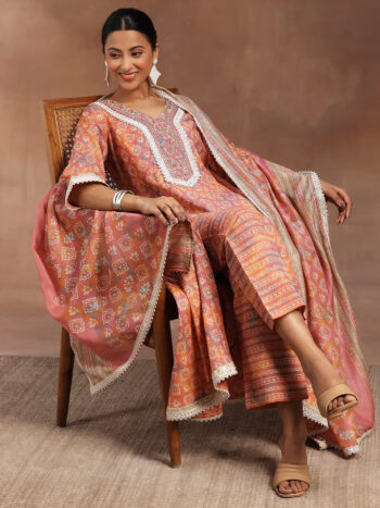 Peach Printed Silk Blend A-Line Kurta With Bottom
