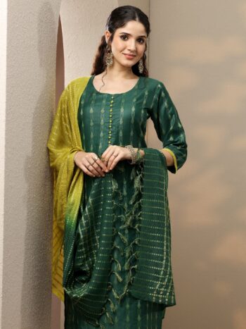 Green Woven Design Silk Blend Straight