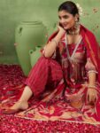 Red Printed Silk Blend A-Line Kurta With Bottom