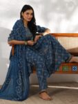 Blue Printed Silk Blend A-Line Kurta With Bottom