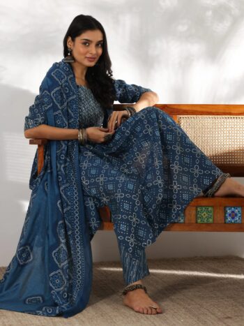 Blue Printed Silk Blend A-Line Kurta With Bottom
