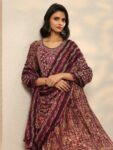 Burgundy Printed Silk Blend A-Line Kurti
