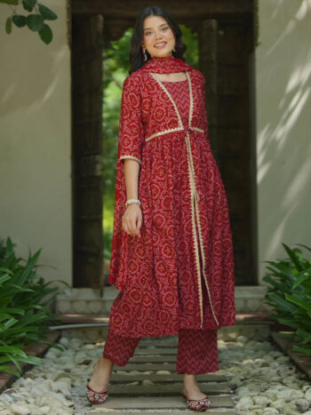 Red Printed Silk Blend A-Line Kurta With Bottom