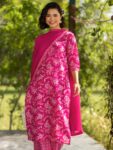 Pink Printed Cotton Straight Suit With
