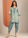 Blue Printed Silk Blend A-Line Kurta With Bottom