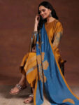 Mustard Printed Silk Blend Straight Suit