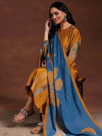 Mustard Printed Silk Blend Straight Suit