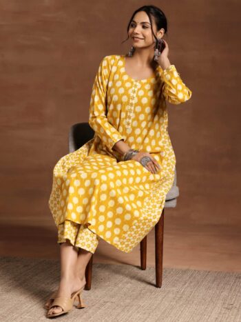 Mustard Printed Cotton A-Line Kurta With Bottom