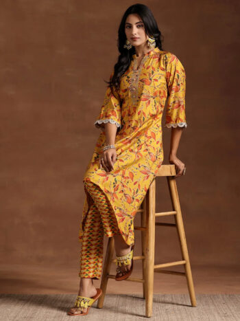 Mustard Printed Silk Blend A-line Kurta Set