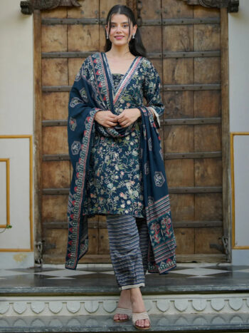 Blue Printed Silk Blend A-Line Kurta With Bottom