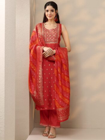Orange Woven Design Silk Blend Straight