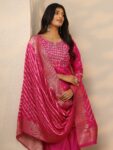 Pink Woven Design Silk Blend Straight Suite
