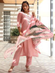 Pink Yoke Design Silk Blend Straight Suite
