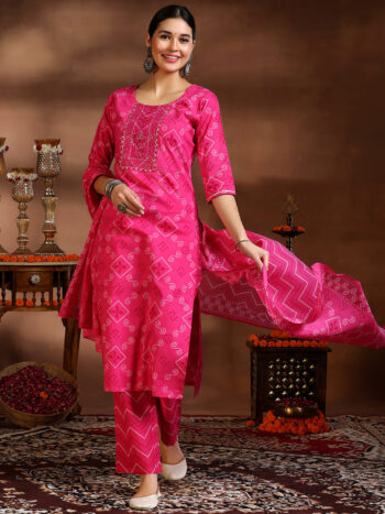 Pink Printed Cotton Straight Suit With