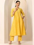 Yellow Embroidered Silk Blend A-Line Kurta