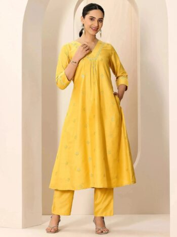 Yellow Embroidered Silk Blend A-Line Kurta