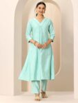 Blue Embroidered Silk Blend A-Line Kurti