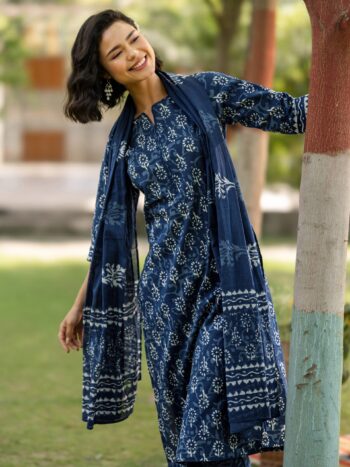 Indigo Printed Cotton Straight Suit Set