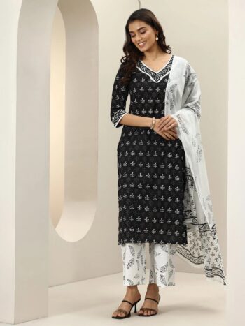 Black Printed Cotton Straight Suit Sets With Dupatta