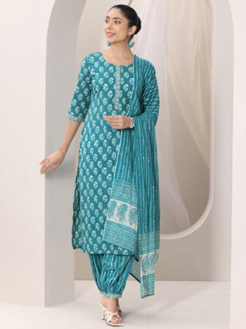 Teal Printed Cotton Straight Suit Set With Bottom