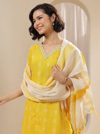 Yellow Self Design Cotton Blend Straight