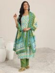 Green Printed Silk Blend Straight Suit