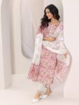 Peach Printed Cotton Straight Suit Set