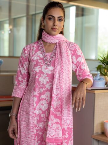 Pink Printed Cotton Straight Suit Set With Bottom