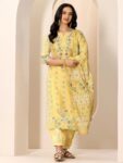 Yellow Printed Silk Blend Straight Suit With Dupatta