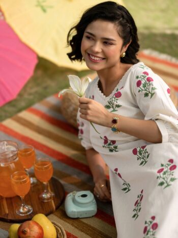 Off white Printed Cotton Straight Kurta Set