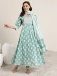 Green Printed Cotton Anarkali Suit Set