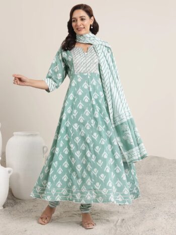 Green Printed Cotton Anarkali Suit Set