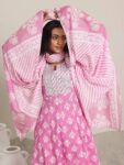 Pink Printed Cotton Anarkali Suits With Bottom