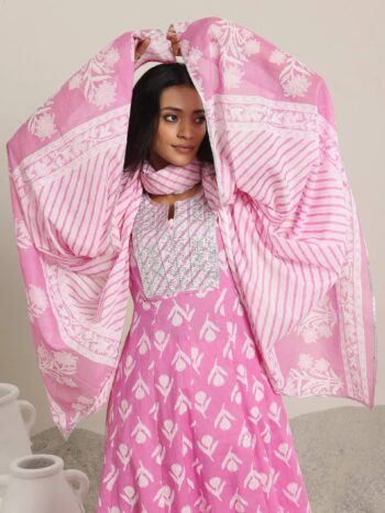 Pink Printed Cotton Anarkali Suits With Bottom