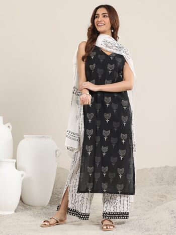 Black Printed Cotton Straight Suit With Dupatta