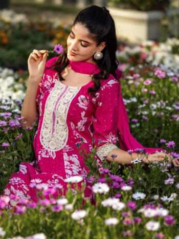 Pink Printed Silk Blend Anarkali Suit Suite