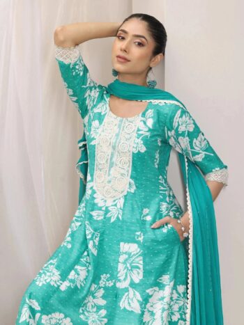 Blue Printed Silk Blend Anarkali Suit Suite
