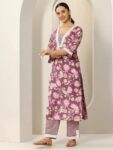 Mauve Printed Silk Blend Straight Kurta Set