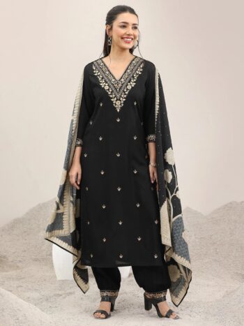 Black Embroidered Rayon Straight Suit With Bottom