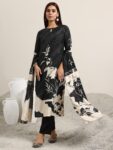 Black Printed Silk Blend Straight Suit