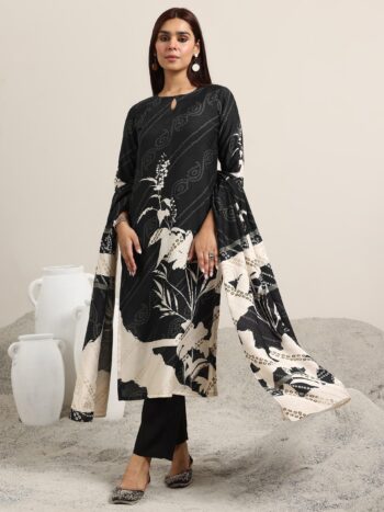 Black Printed Silk Blend Straight Suit