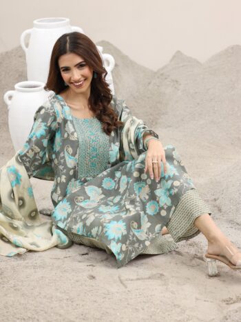Grey Printed Silk Blend Straight Suit With Bottom