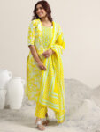 Yellow Printed Cotton Straight Suit With Bottom