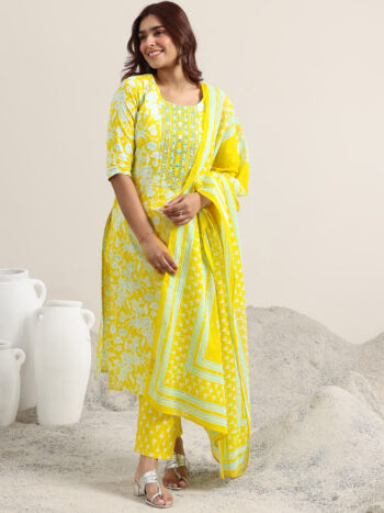 Yellow Printed Cotton Straight Suit With Bottom